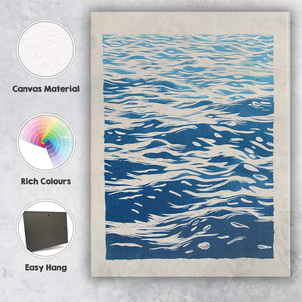 Minimalist Blue Ocean Water Surface Linocut Style Canvas Wall Art Print Decor Picture Ready to Hang