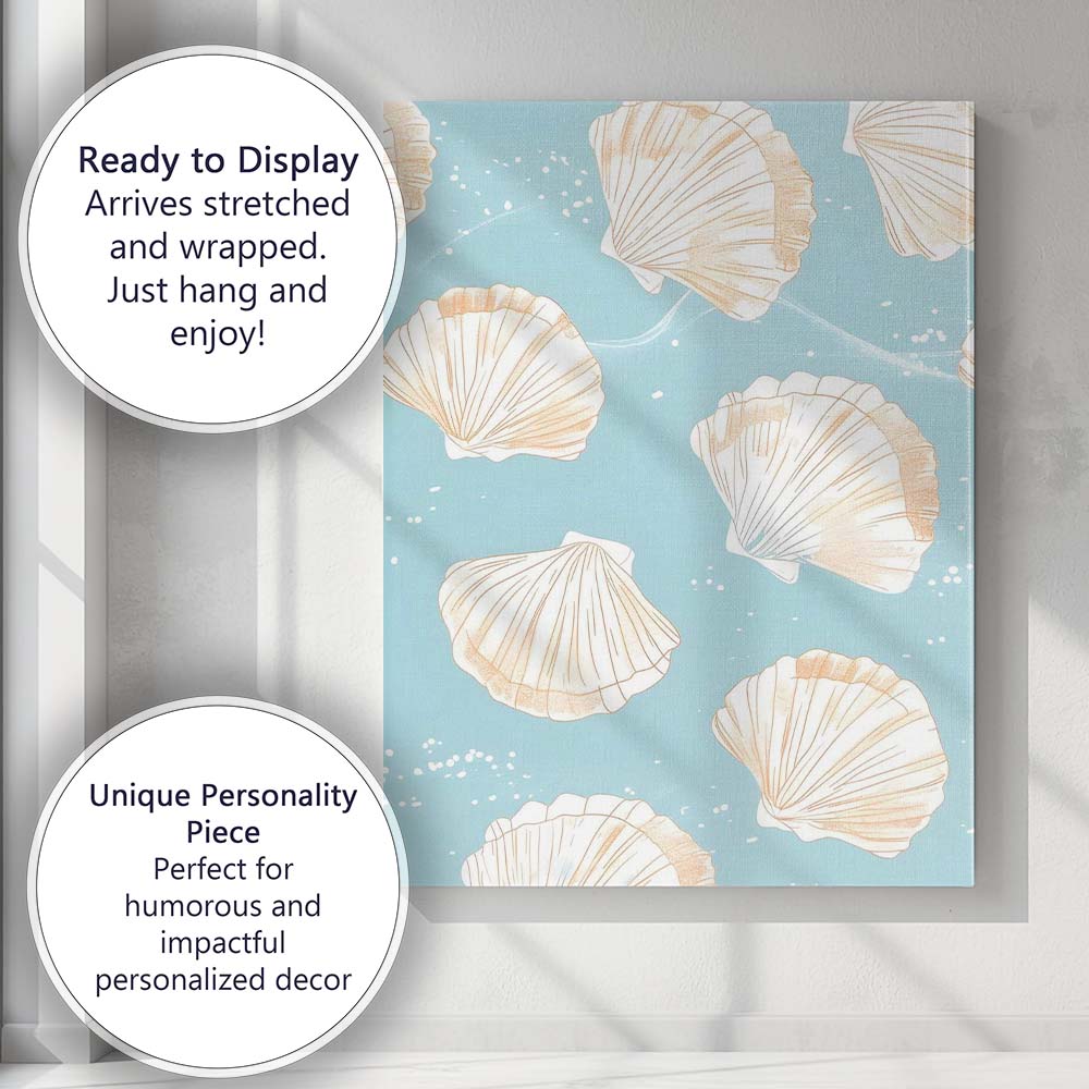 Light Blue Coastal Seashell Repeat Pattern Canvas Wall Art Print Decor Picture Ready to Hang