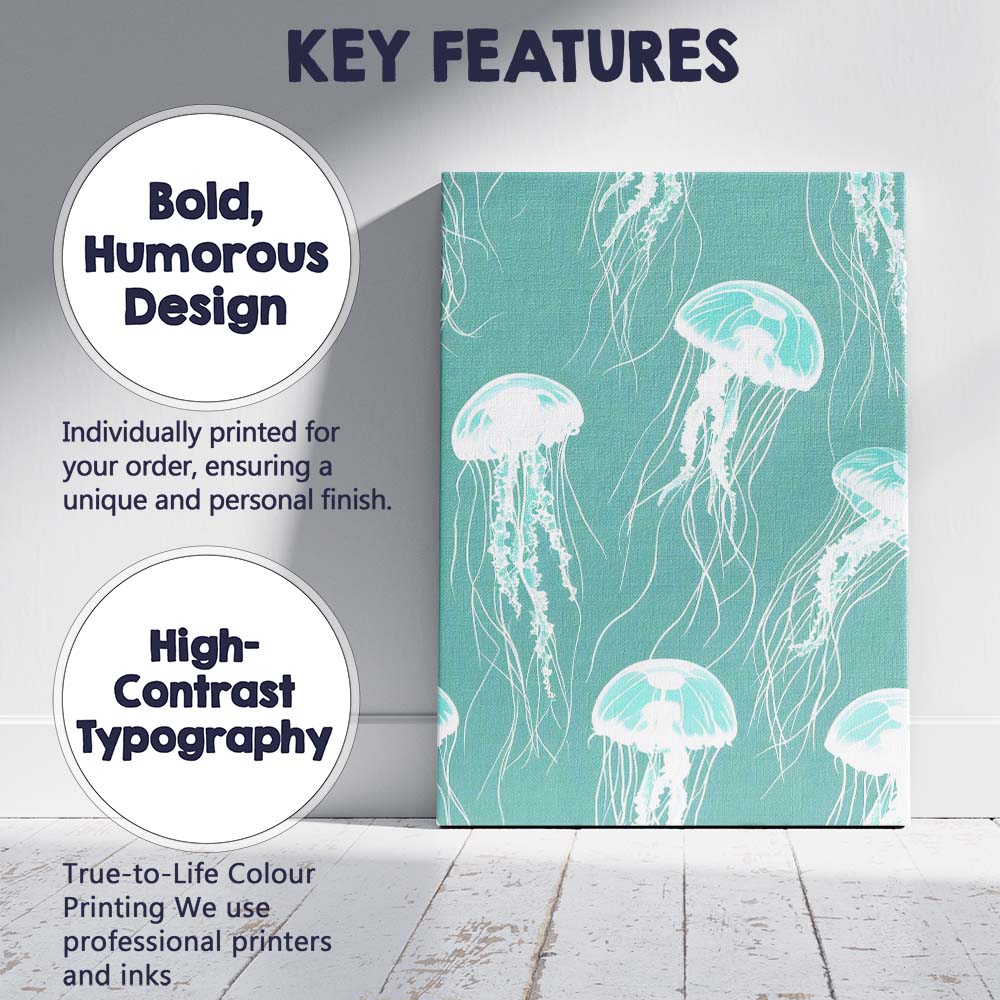 Turquoise Glowing Jellyfish Ocean Repeat Pattern Canvas Wall Art Print Decor Picture Ready to Hang