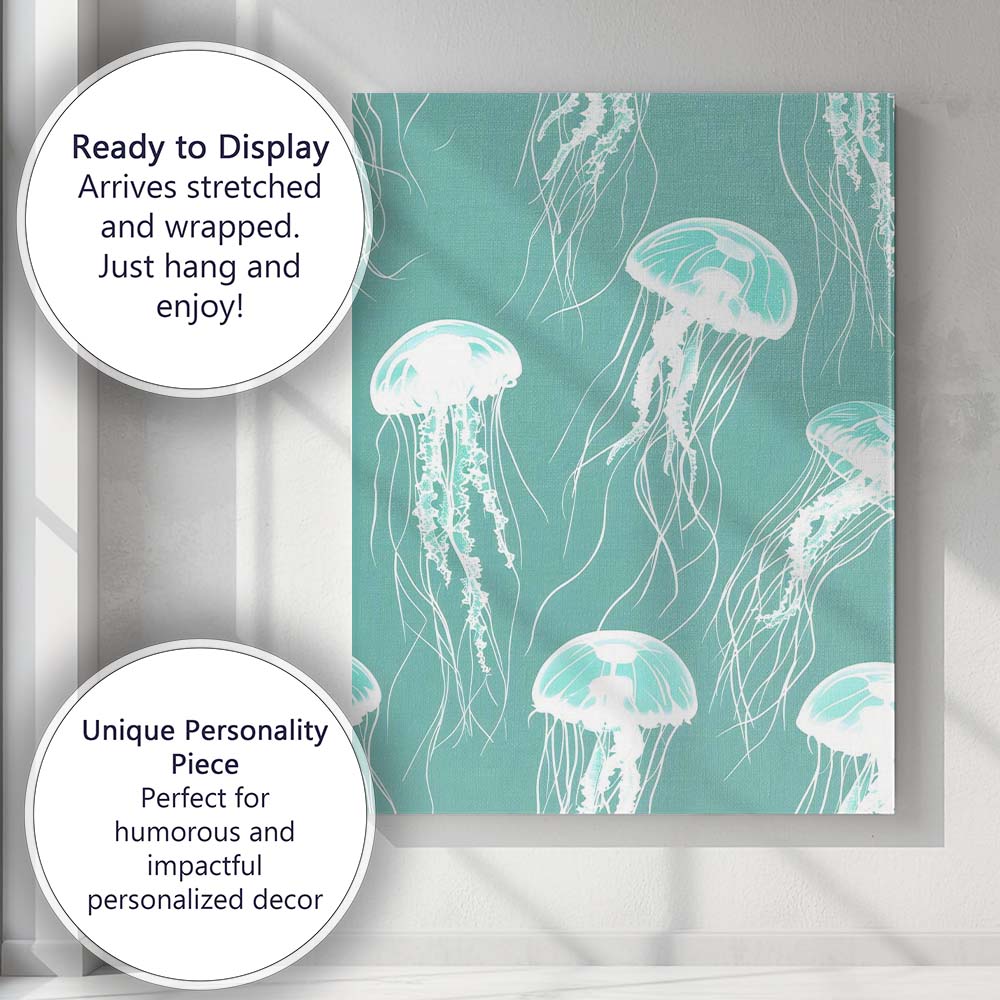 Turquoise Glowing Jellyfish Ocean Repeat Pattern Canvas Wall Art Print Decor Picture Ready to Hang