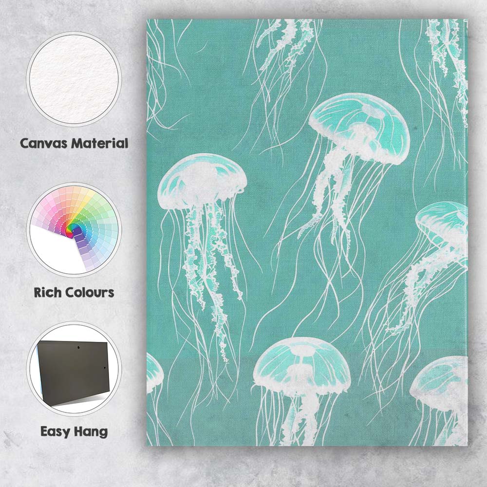 Turquoise Glowing Jellyfish Ocean Repeat Pattern Canvas Wall Art Print Decor Picture Ready to Hang