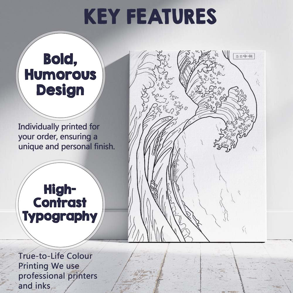 Japanese Great Wave Colouring Book Line Art Canvas Wall Art Print Decor Picture Ready to Hang