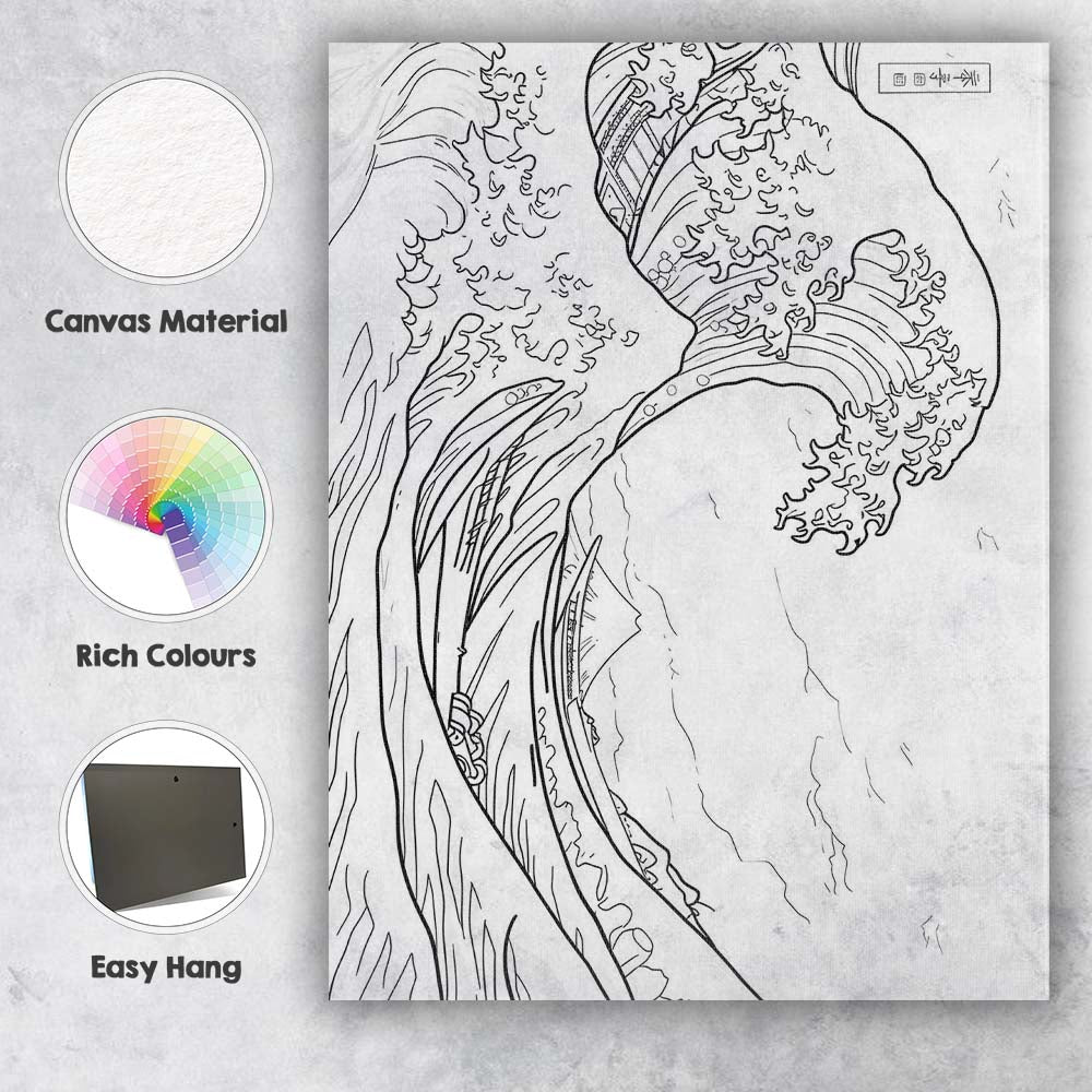 Japanese Great Wave Colouring Book Line Art Canvas Wall Art Print Decor Picture Ready to Hang