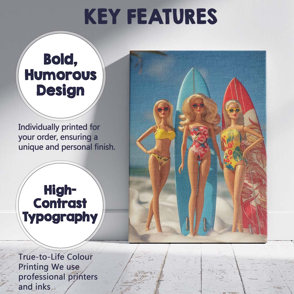 Retro Beach Surfer Fashion Dolls With Colourful Surfboards Canvas Wall Art Print Decor Picture Ready to Hang