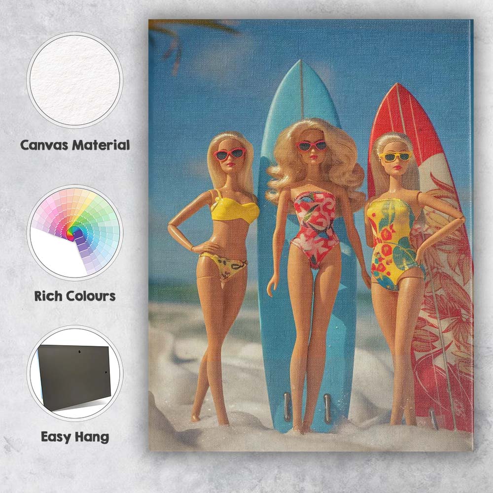 Retro Beach Surfer Fashion Dolls With Colourful Surfboards Canvas Wall Art Print Decor Picture Ready to Hang