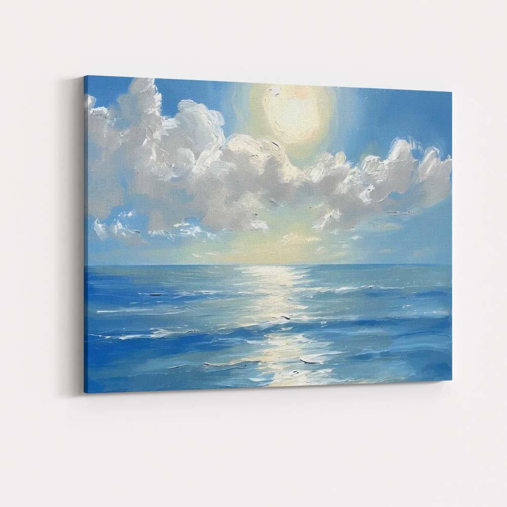 Blue Ocean Horizon Sunlit Seascape Impressionist Painting Canvas Wall Art Print Decor Picture Ready to Hang