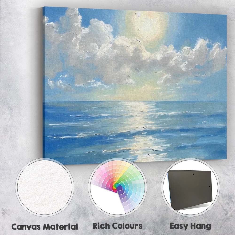 Blue Ocean Horizon Sunlit Seascape Impressionist Painting Canvas Wall Art Print Decor Picture Ready to Hang