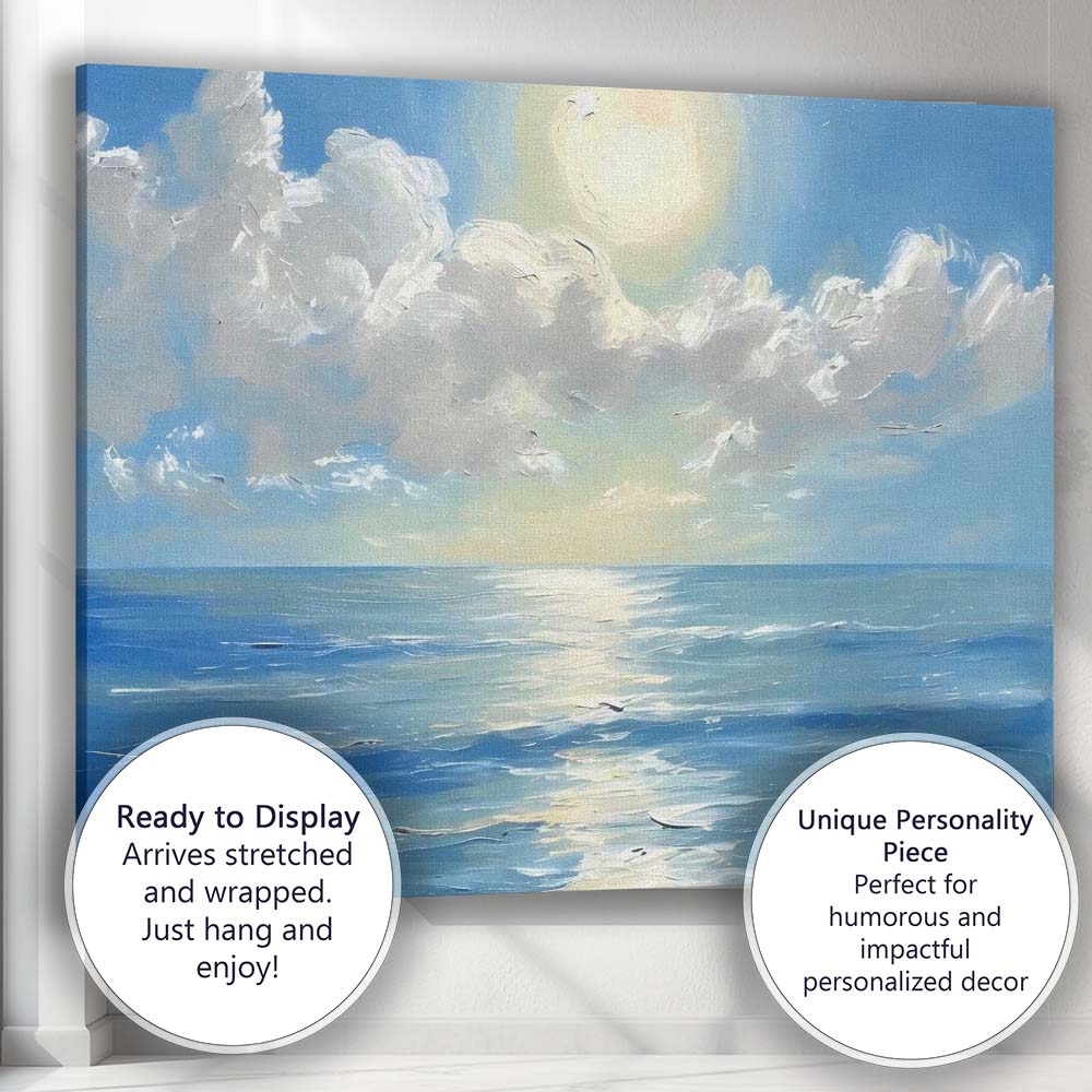 Blue Ocean Horizon Sunlit Seascape Impressionist Painting Canvas Wall Art Print Decor Picture Ready to Hang