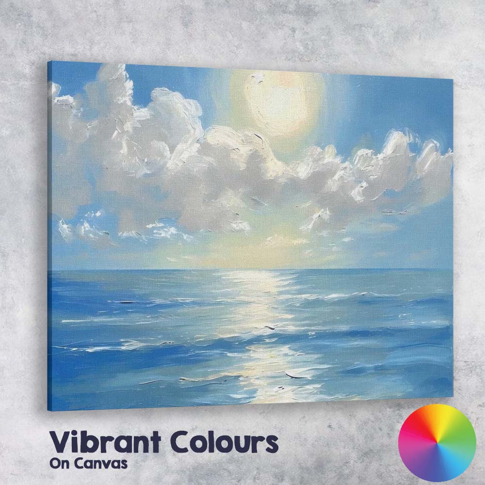 Blue Ocean Horizon Sunlit Seascape Impressionist Painting Canvas Wall Art Print Decor Picture Ready to Hang
