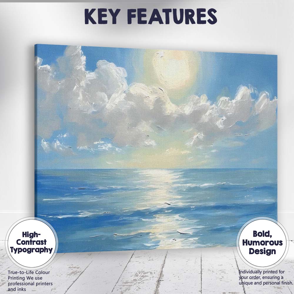 Blue Ocean Horizon Sunlit Seascape Impressionist Painting Canvas Wall Art Print Decor Picture Ready to Hang