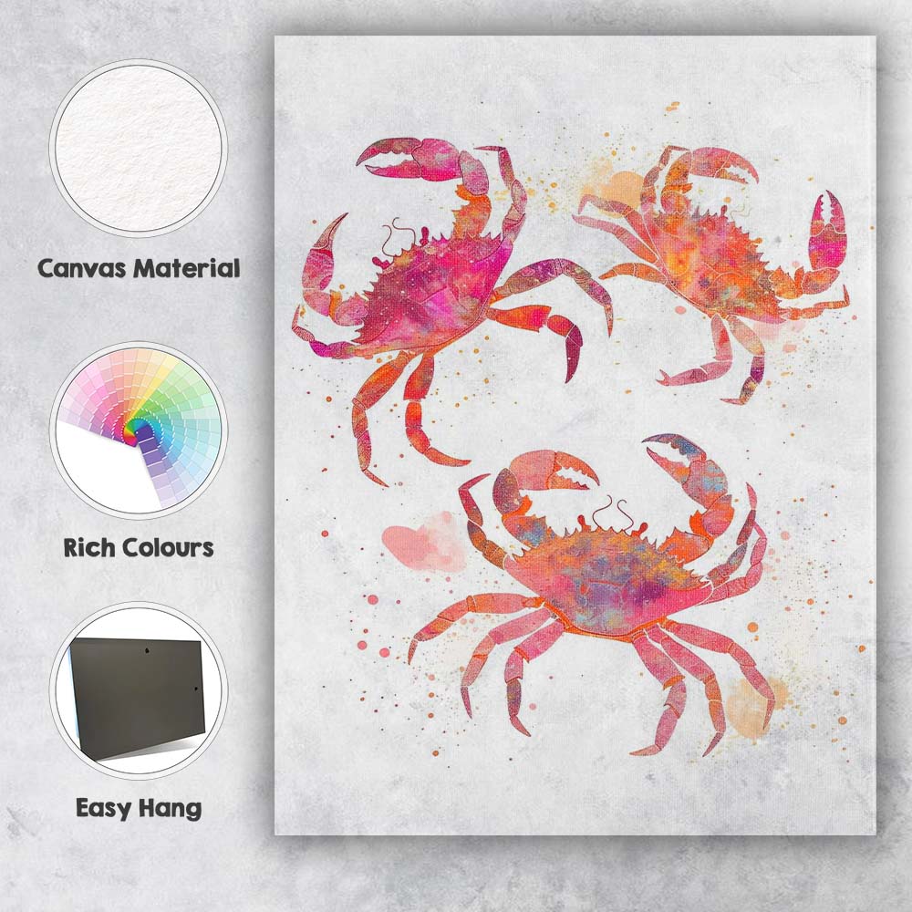 Vibrant Watercolour Coastal Crab Illustration Canvas Wall Art Print Decor Picture Ready to Hang