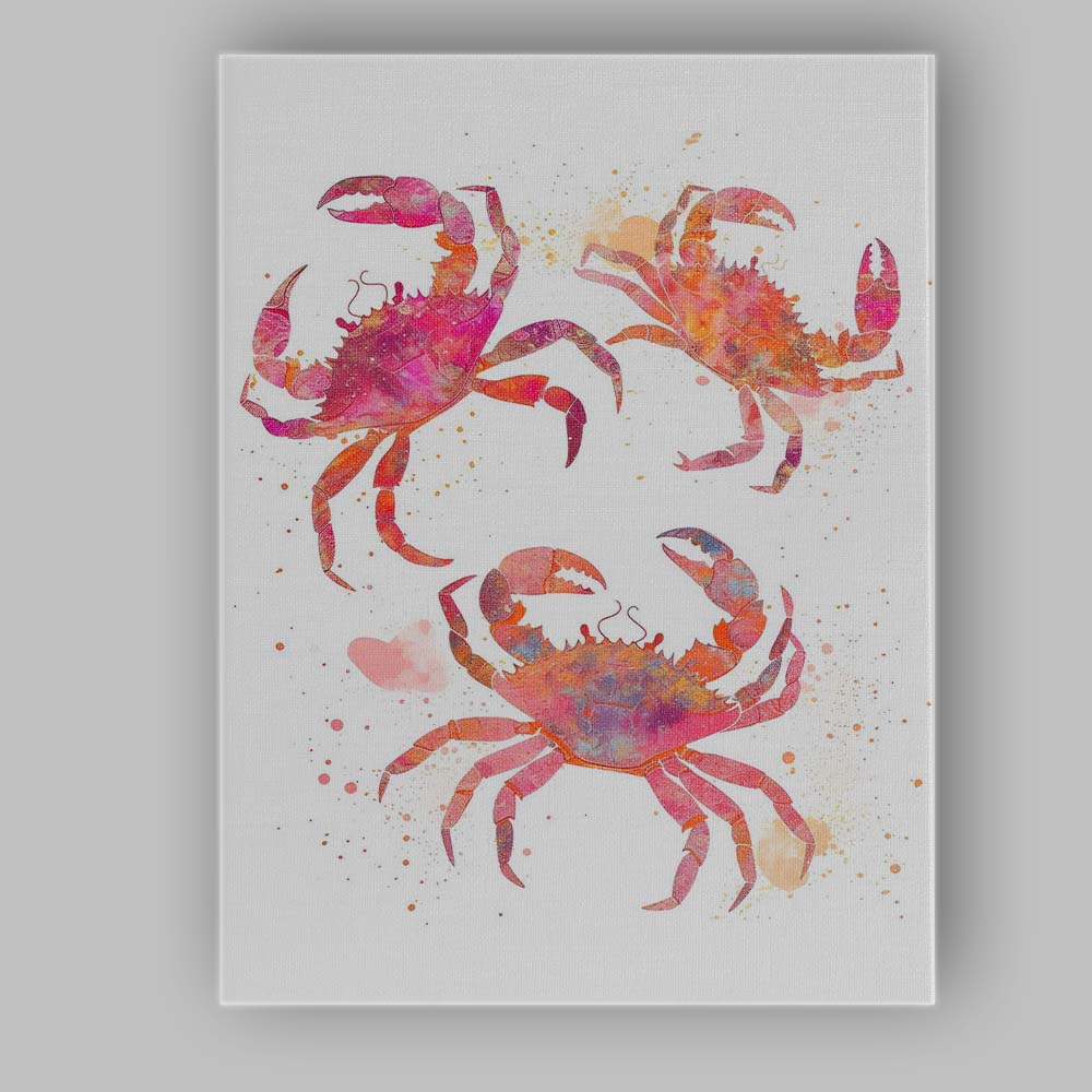 Vibrant Watercolour Coastal Crab Illustration Canvas Wall Art Print Decor Picture Ready to Hang