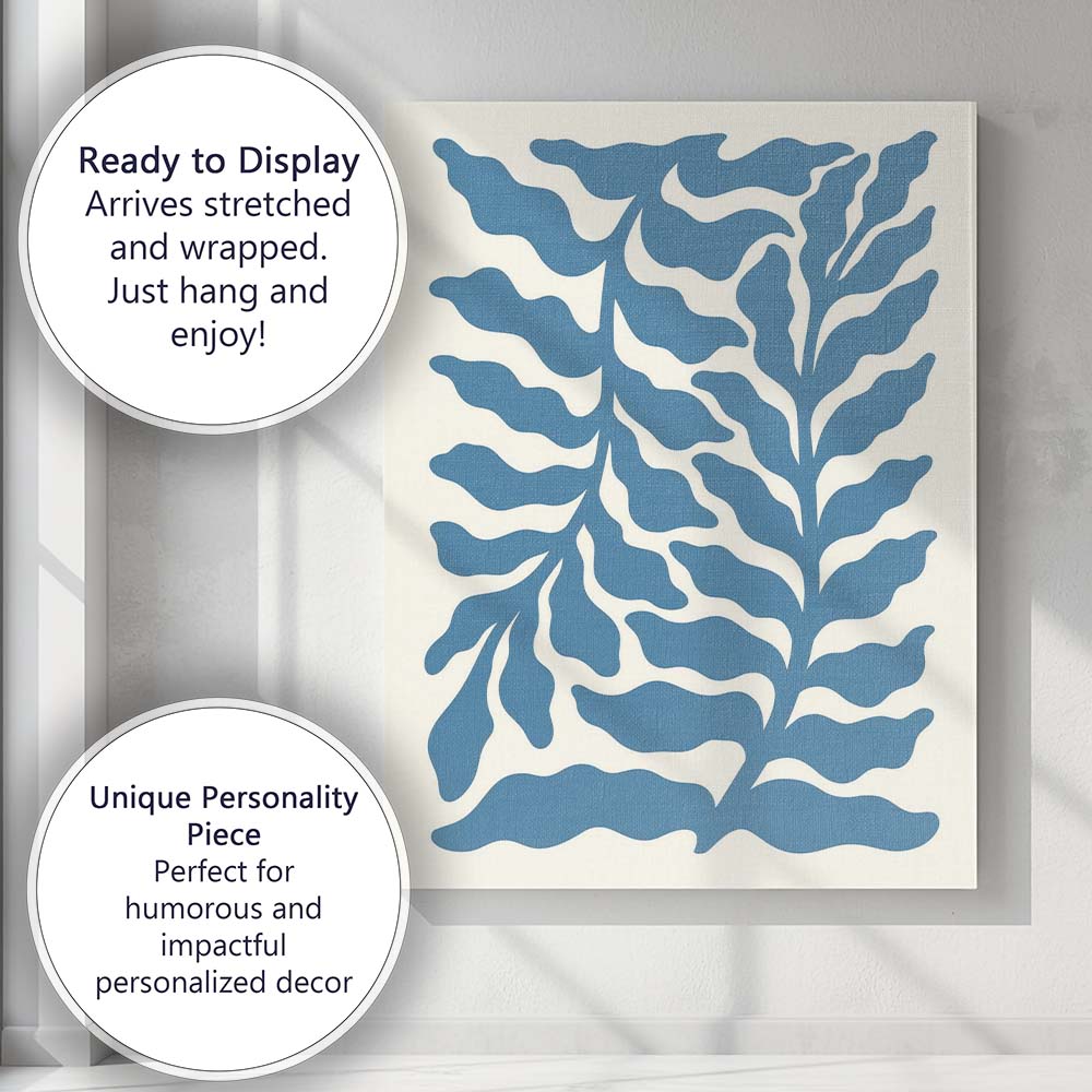 Blue Coastal Seaweed Botanical Minimalist Illustration Canvas Wall Art Print Decor Picture Ready to Hang