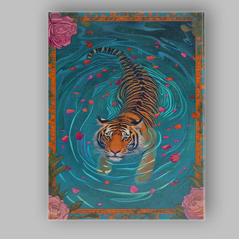 Exotic Tiger Swimming With Rose Petals Botanical Frame Canvas Wall Art Print Decor Picture Ready to Hang