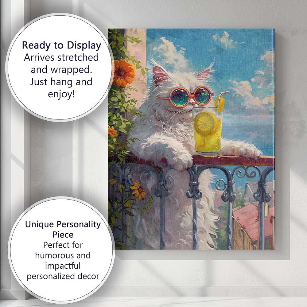 Stylish White Cat With Lemonade Summer Balcony Canvas Wall Art Print Decor Picture Ready to Hang