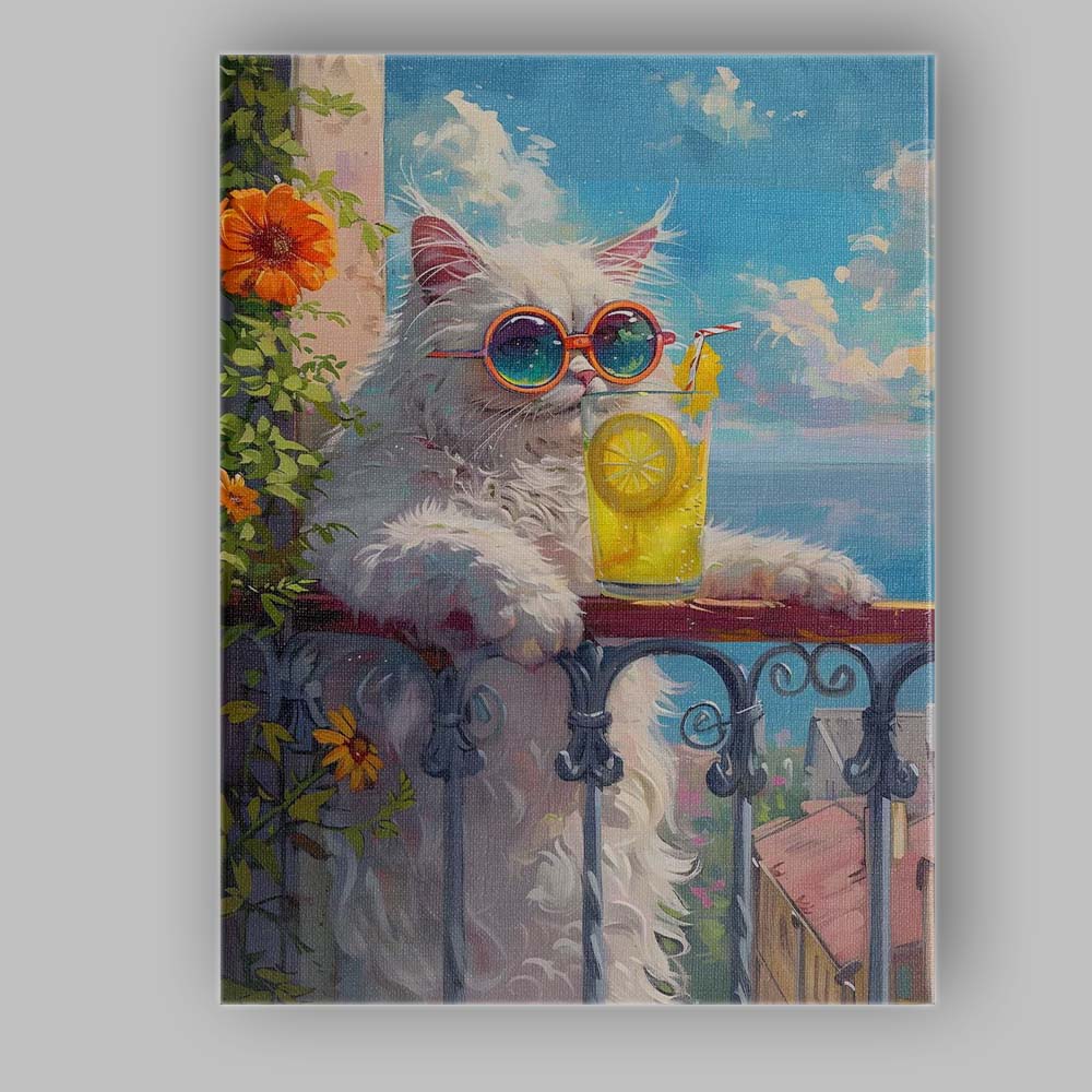 Stylish White Cat With Lemonade Summer Balcony Canvas Wall Art Print Decor Picture Ready to Hang
