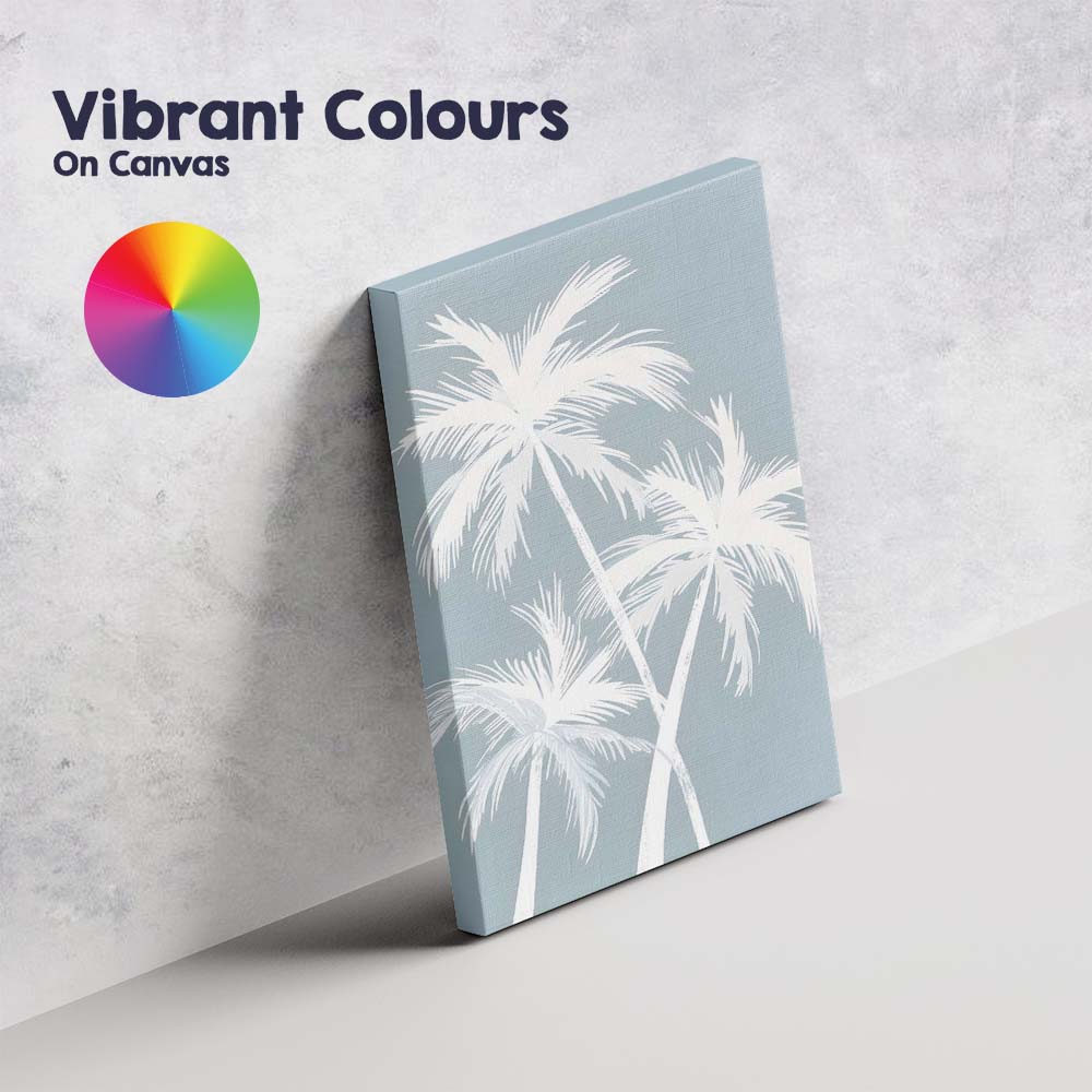 Minimal White Tropical Palm Trees On Soft Blue Canvas Wall Art Print Decor Picture Ready to Hang