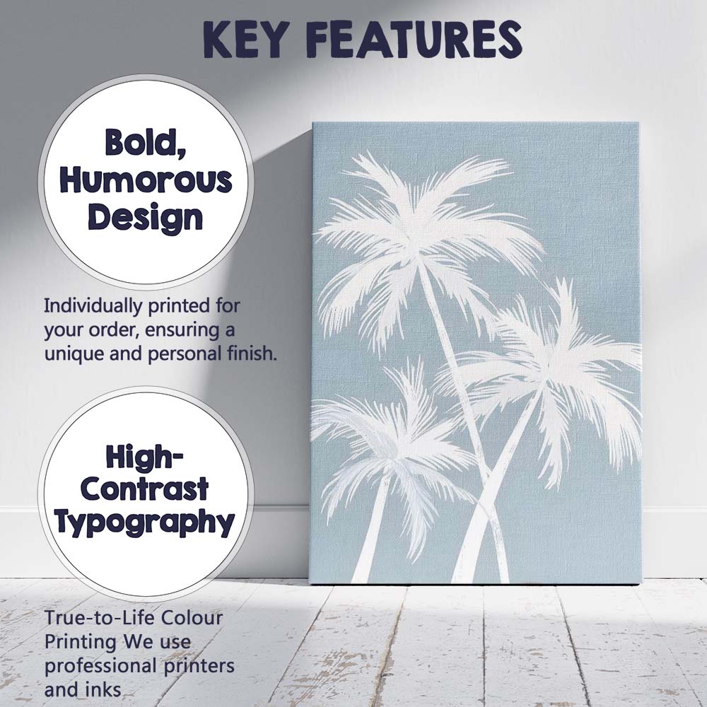Minimal White Tropical Palm Trees On Soft Blue Canvas Wall Art Print Decor Picture Ready to Hang