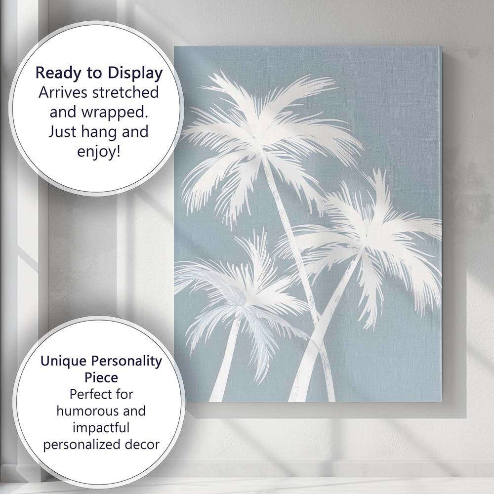 Minimal White Tropical Palm Trees On Soft Blue Canvas Wall Art Print Decor Picture Ready to Hang