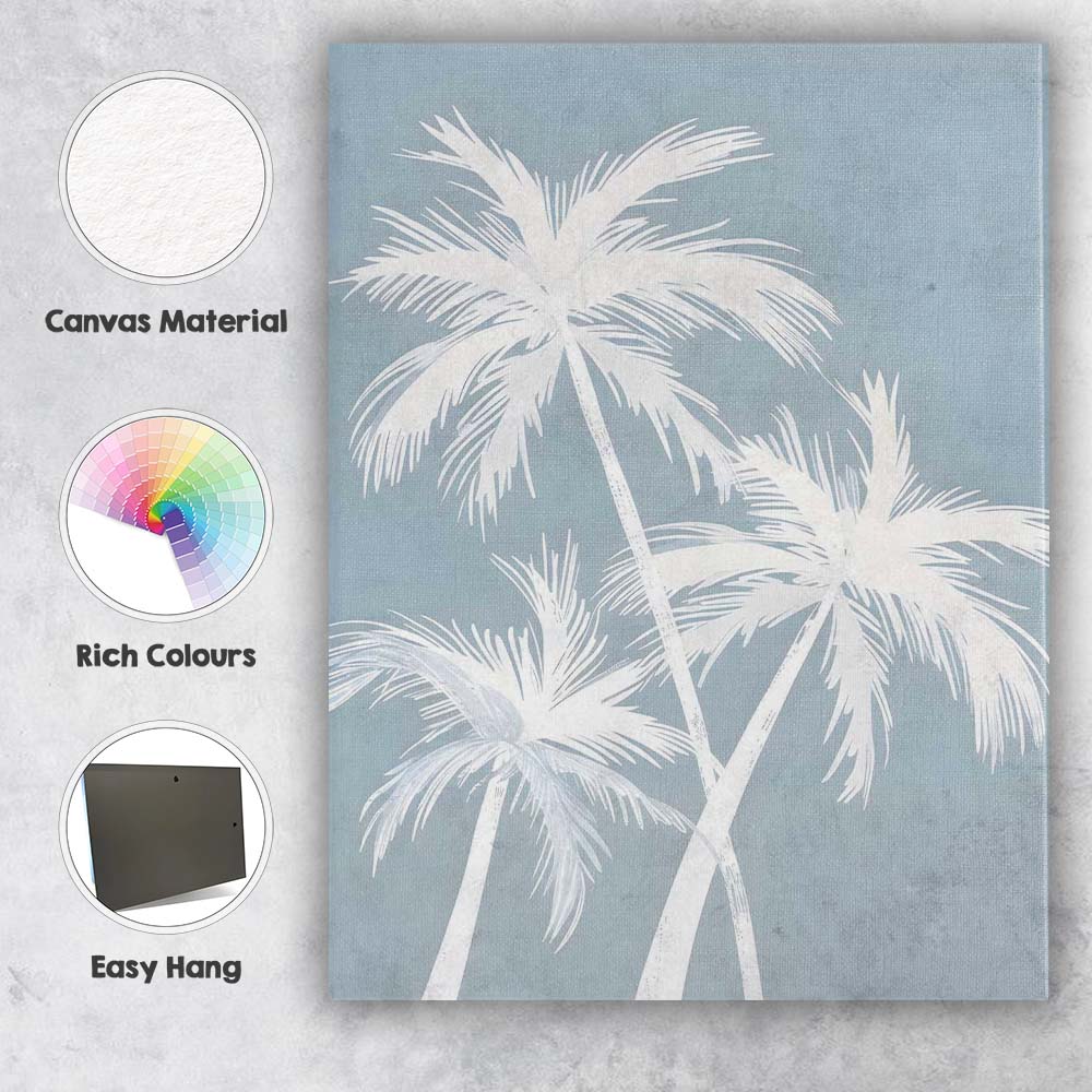 Minimal White Tropical Palm Trees On Soft Blue Canvas Wall Art Print Decor Picture Ready to Hang