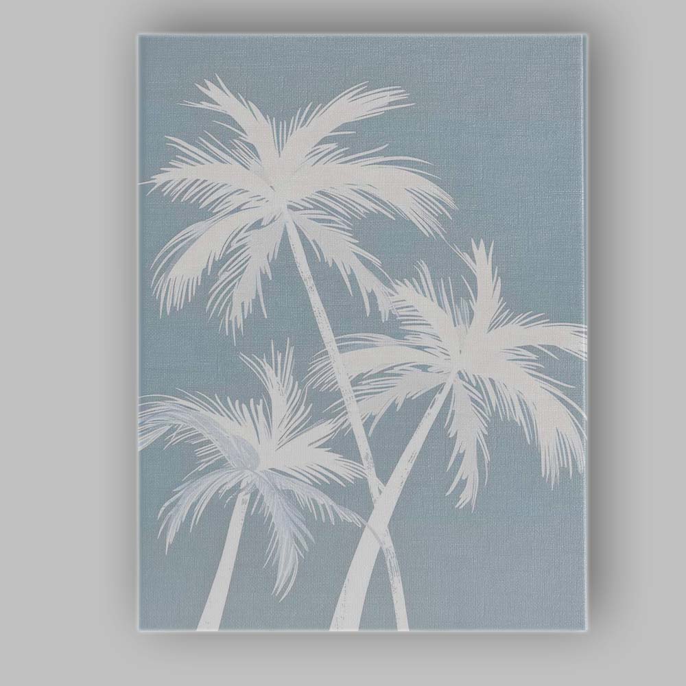 Minimal White Tropical Palm Trees On Soft Blue Canvas Wall Art Print Decor Picture Ready to Hang
