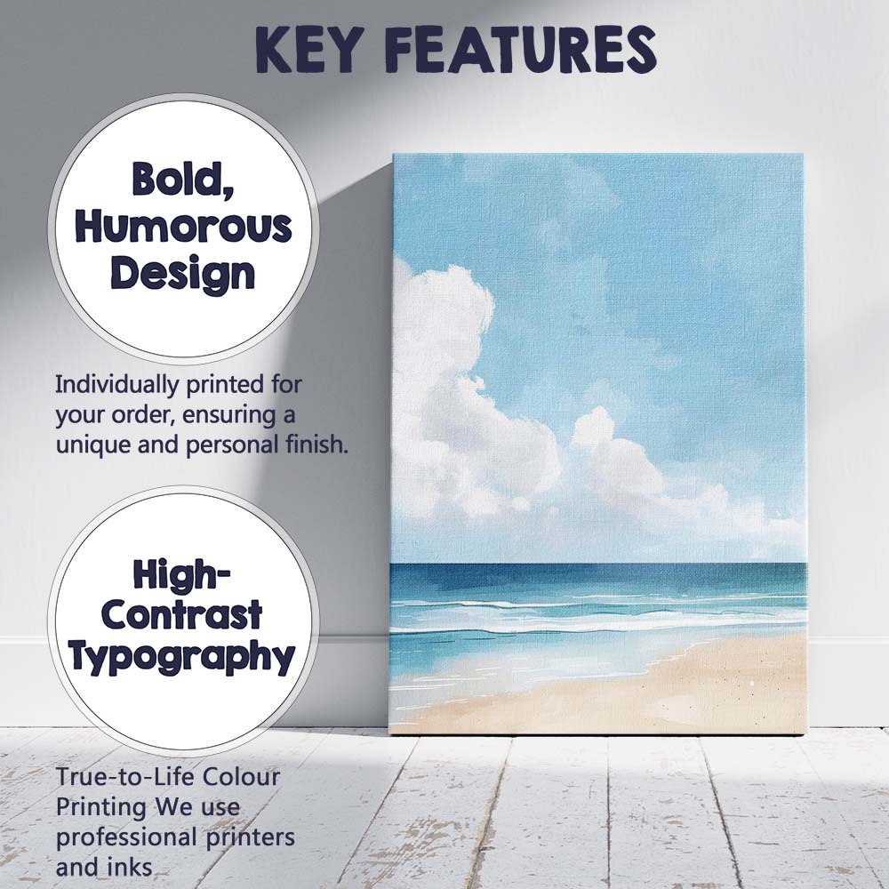 Serene Coastal Beach And Blue Sky Painting Canvas Wall Art Print Decor Picture Ready to Hang