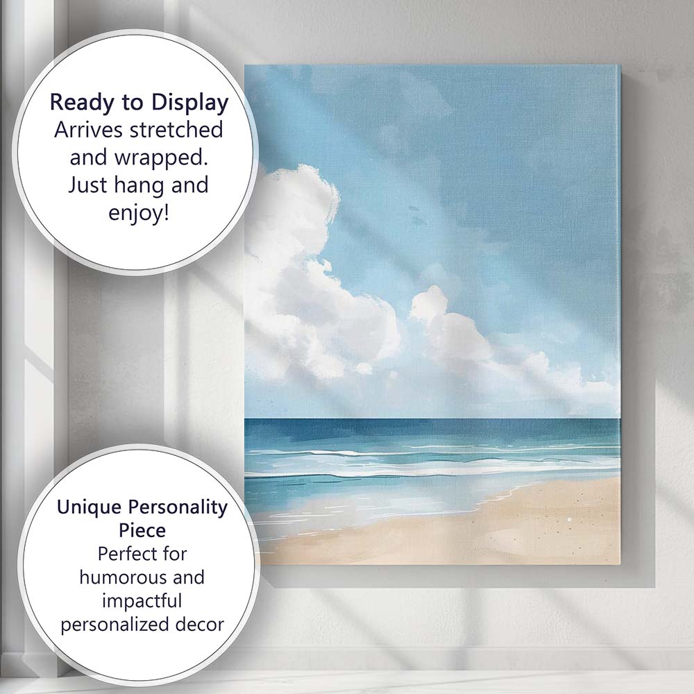 Serene Coastal Beach And Blue Sky Painting Canvas Wall Art Print Decor Picture Ready to Hang