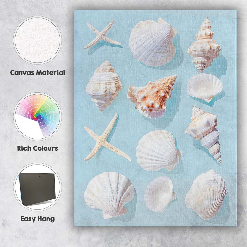 Coastal Seashell And Starfish Flat Lay Canvas Wall Art Print Decor Picture Ready to Hang
