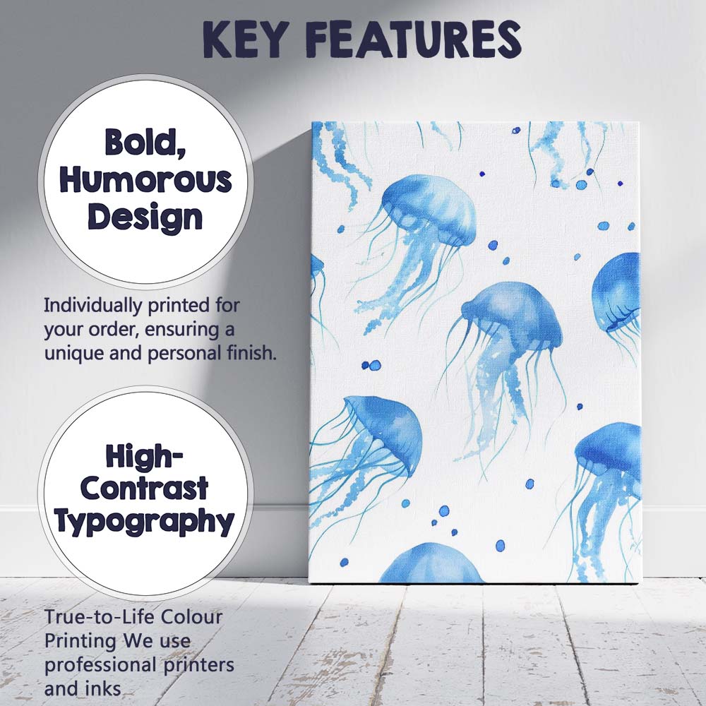 Blue Watercolour Jellyfish Ocean Repeat Pattern Canvas Wall Art Print Decor Picture Ready to Hang