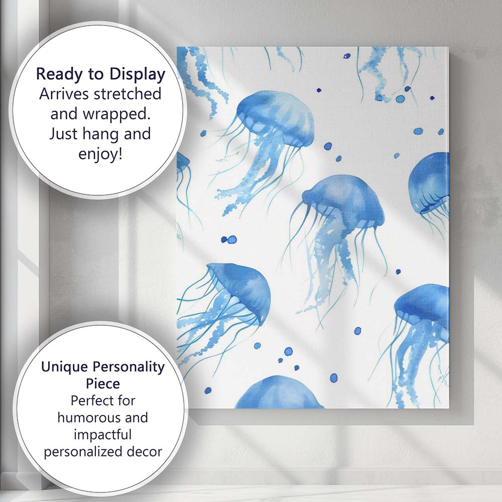 Blue Watercolour Jellyfish Ocean Repeat Pattern Canvas Wall Art Print Decor Picture Ready to Hang