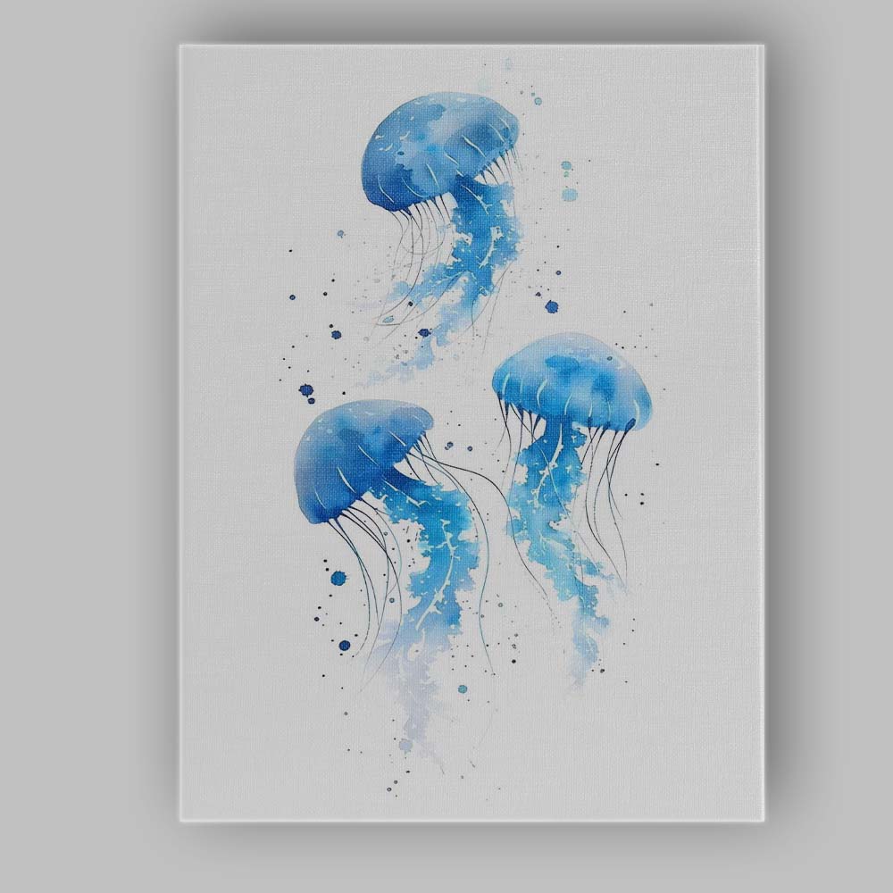 Minimal Blue Watercolour Jellyfish Trio Canvas Wall Art Print Decor Picture Ready to Hang