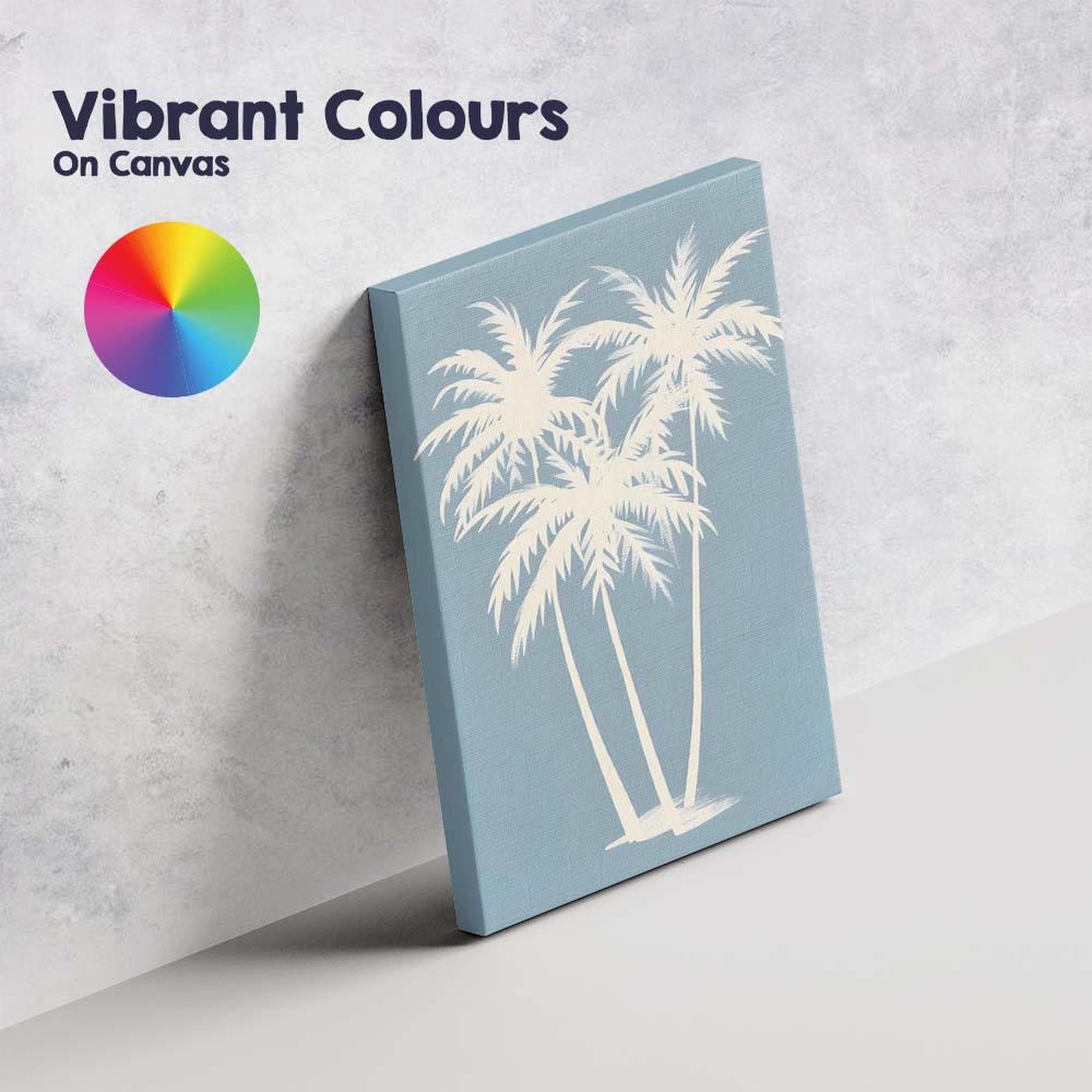 Minimal White Tropical Palm Trees On Soft Blue Background Canvas Wall Art Print Decor Picture Ready to Hang