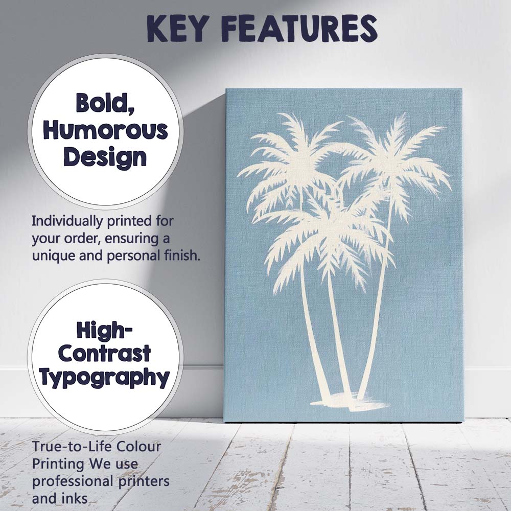 Minimal White Tropical Palm Trees On Soft Blue Background Canvas Wall Art Print Decor Picture Ready to Hang