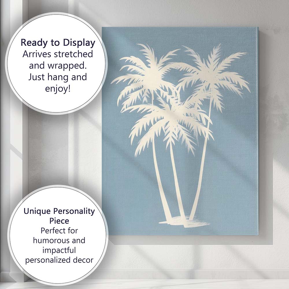 Minimal White Tropical Palm Trees On Soft Blue Background Canvas Wall Art Print Decor Picture Ready to Hang
