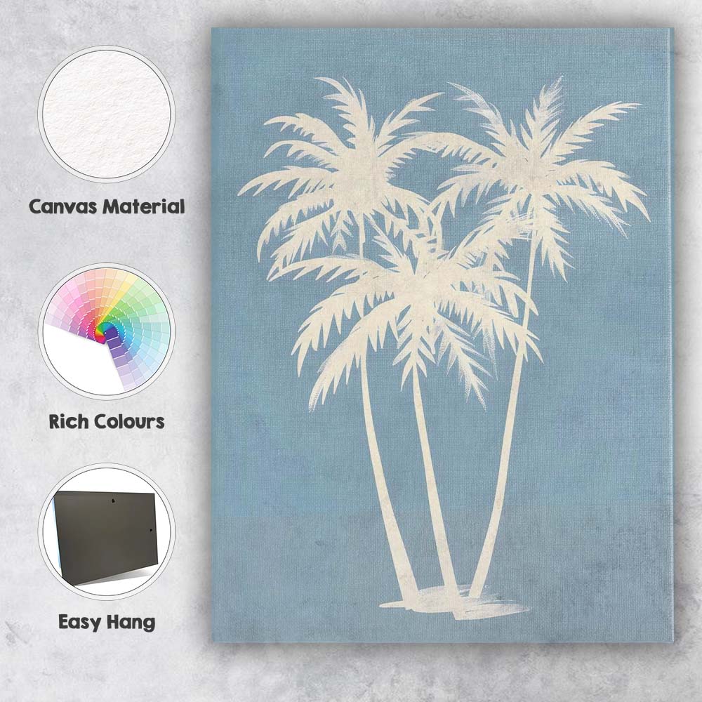 Minimal White Tropical Palm Trees On Soft Blue Background Canvas Wall Art Print Decor Picture Ready to Hang
