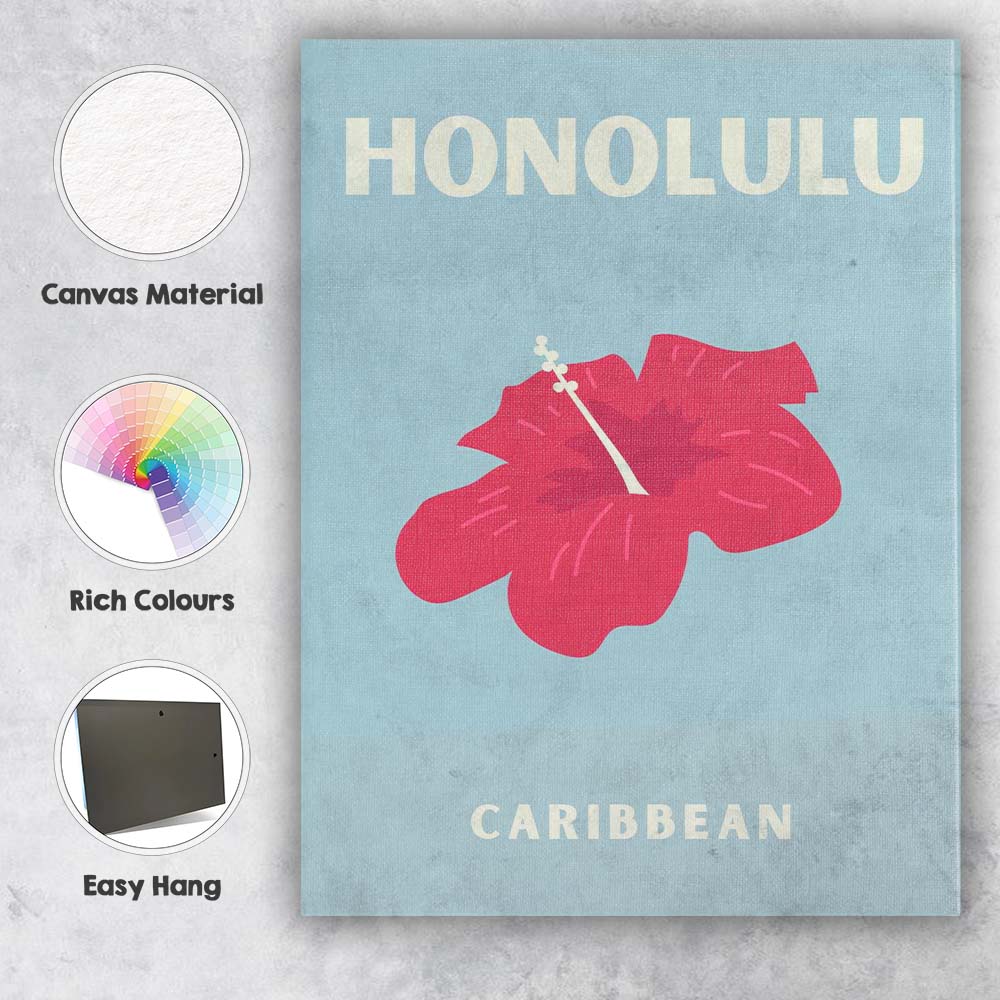 Honolulu Caribbean Tropical Hibiscus Typography Poster Canvas Wall Art Print Decor Picture Ready to Hang