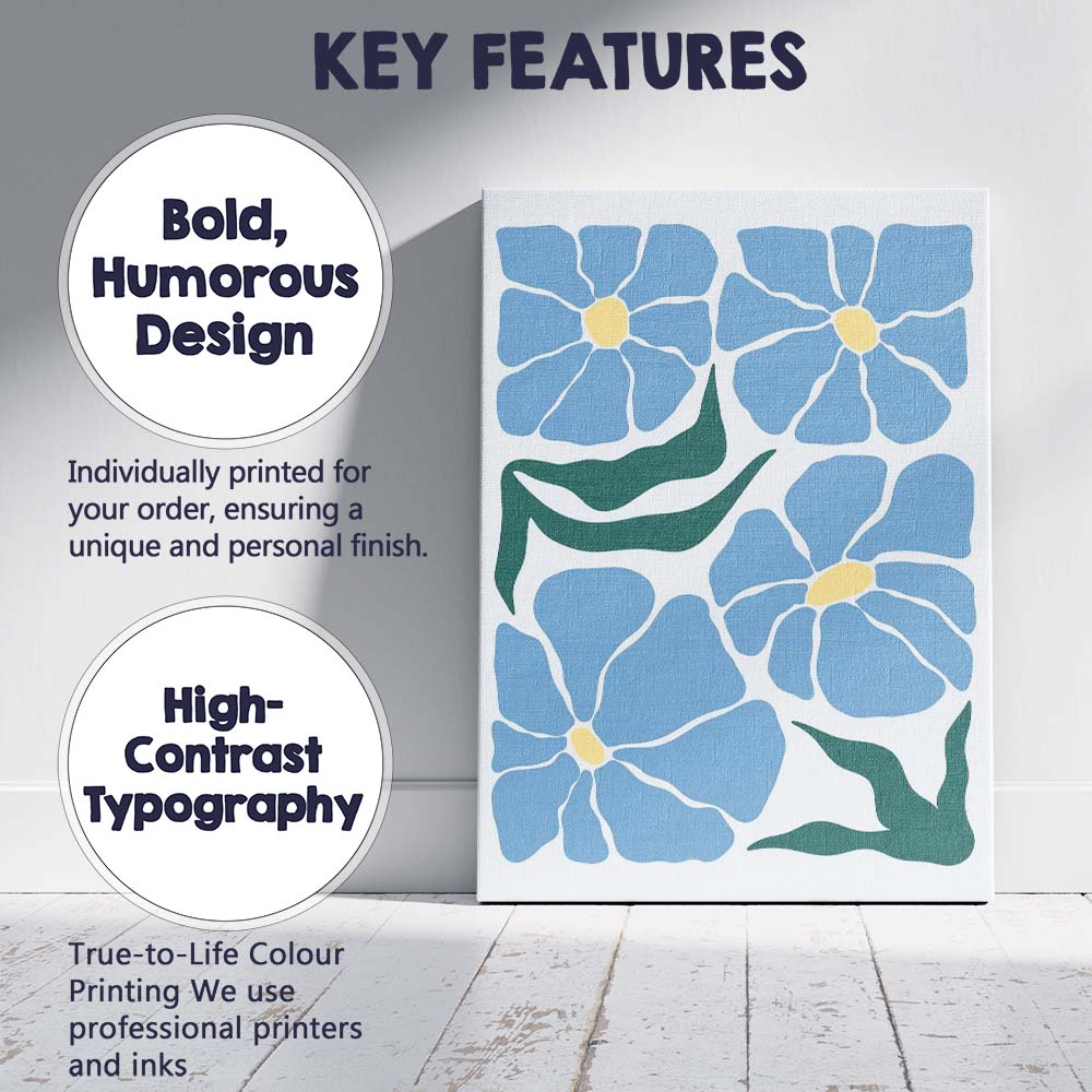 Scandinavian Blue Floral Botanical Abstract Composition Canvas Wall Art Print Decor Picture Ready to Hang
