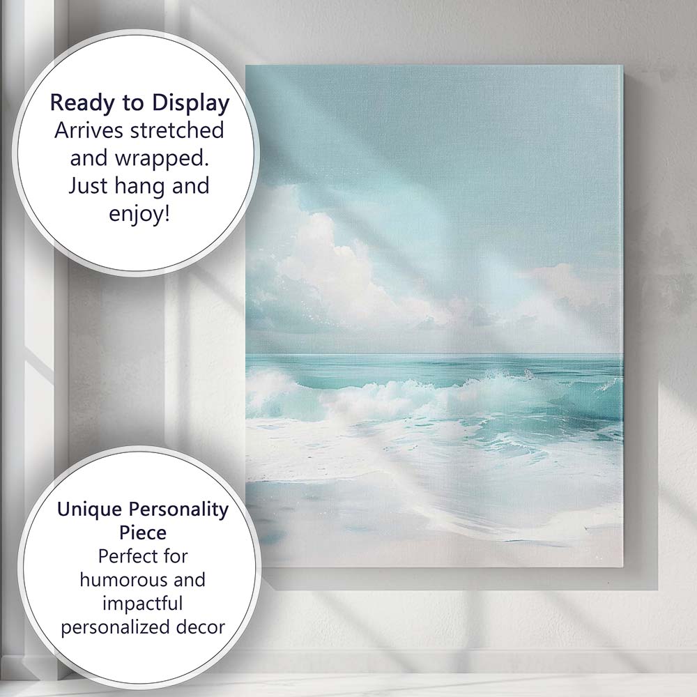 Serene Turquoise Ocean Waves Coastal Seascape Painting Canvas Wall Art Print Decor Picture Ready to Hang