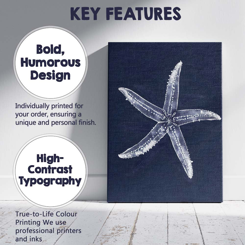 Navy Blue Detailed Starfish Coastal Nautical Illustration Canvas Wall Art Print Decor Picture Ready to Hang