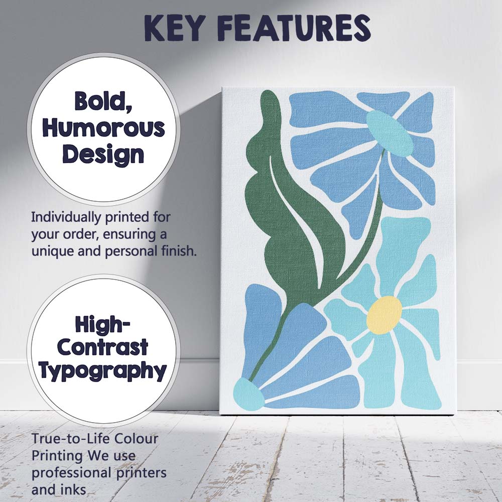 Blue Scandinavian Floral Botanical Abstract Composition Canvas Wall Art Print Decor Picture Ready to Hang