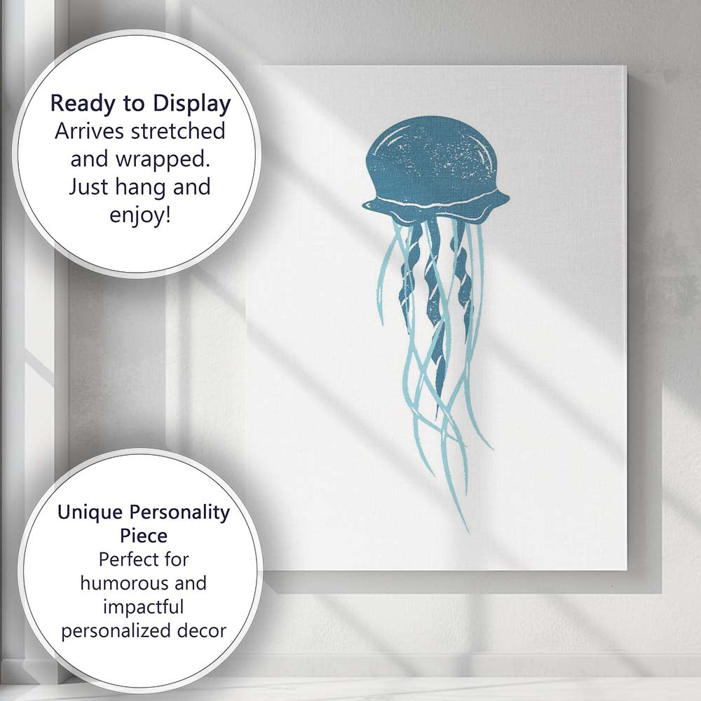Minimal Blue Jellyfish Marine Life Illustration Canvas Wall Art Print Decor Picture Ready to Hang