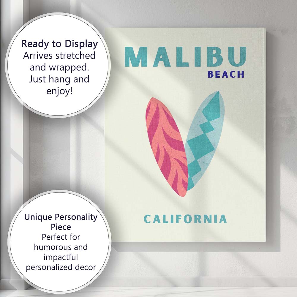 Malibu Beach California Surfboard Retro Travel Poster Canvas Wall Art Print Decor Picture Ready to Hang