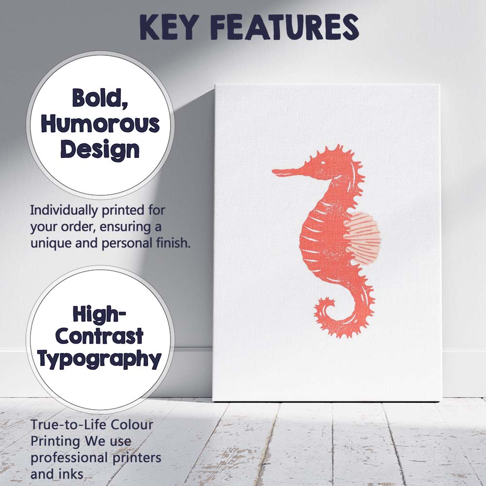 Coral Pink Seahorse Coastal Silhouette Illustration Canvas Wall Art Print Decor Picture Ready to Hang