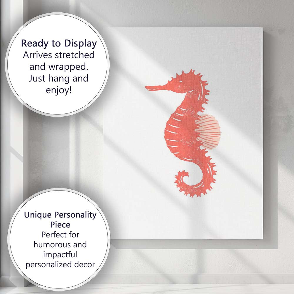 Coral Pink Seahorse Coastal Silhouette Illustration Canvas Wall Art Print Decor Picture Ready to Hang