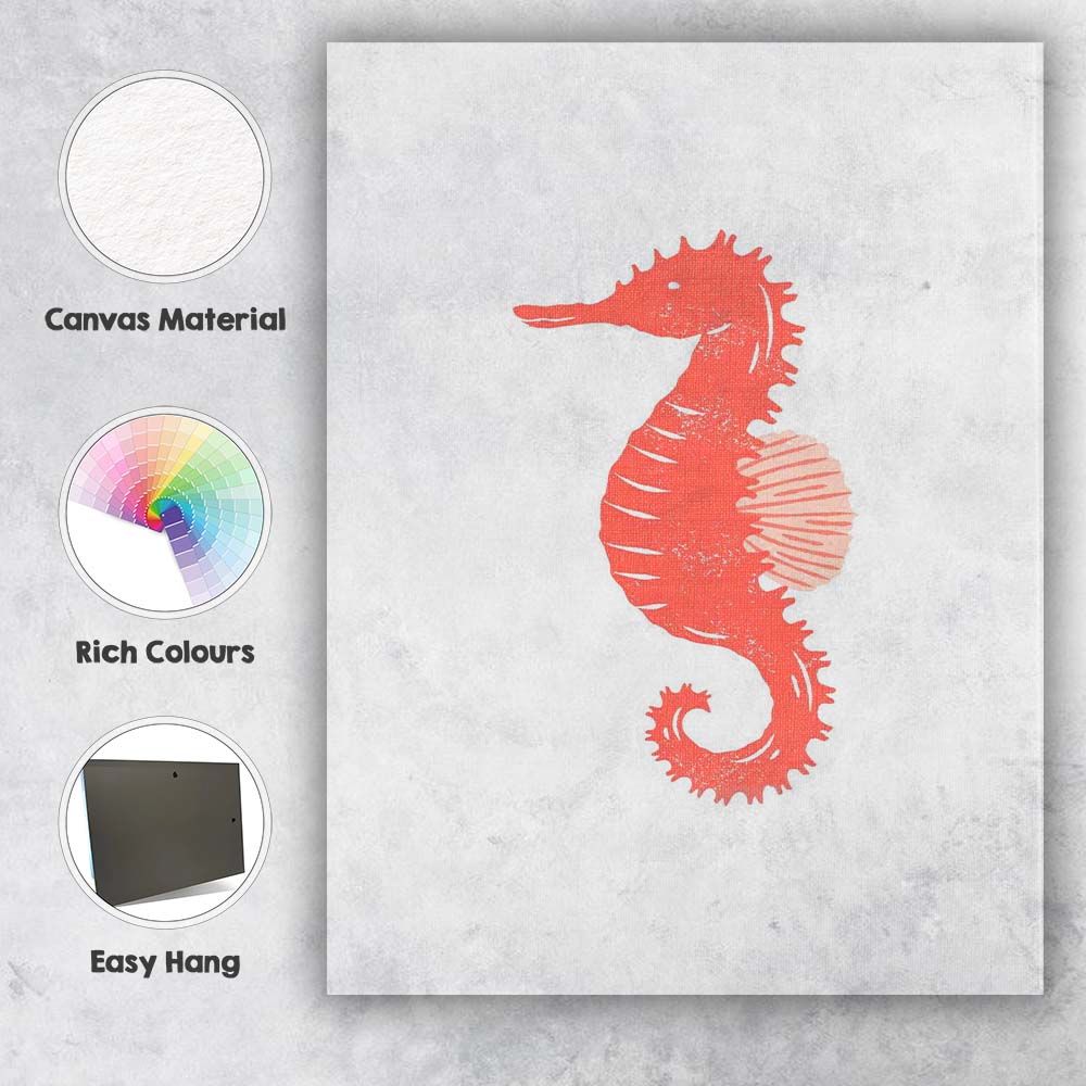 Coral Pink Seahorse Coastal Silhouette Illustration Canvas Wall Art Print Decor Picture Ready to Hang