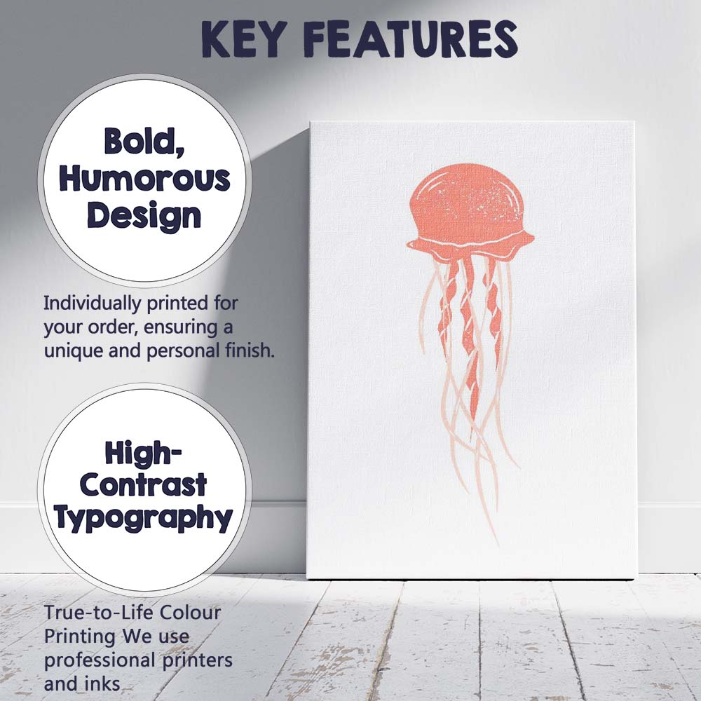 Coral Pink Jellyfish Coastal Silhouette Illustration Canvas Wall Art Print Decor Picture Ready to Hang
