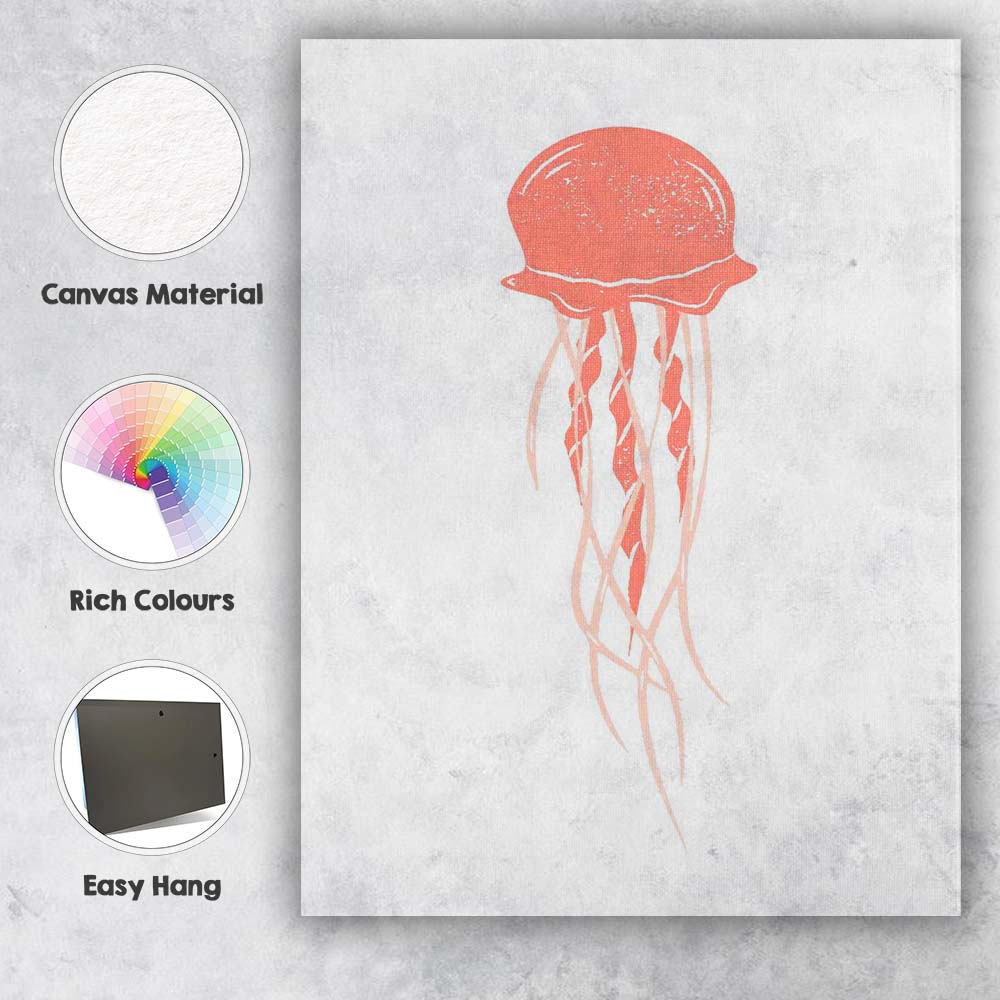 Coral Pink Jellyfish Coastal Silhouette Illustration Canvas Wall Art Print Decor Picture Ready to Hang