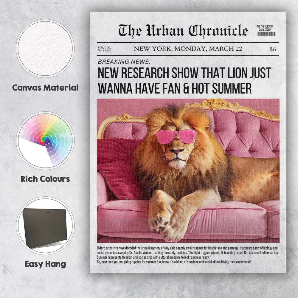 Luxury Lion Pink Sofa Newspaper Collage Canvas Wall Art Print Decor Picture Ready to Hang
