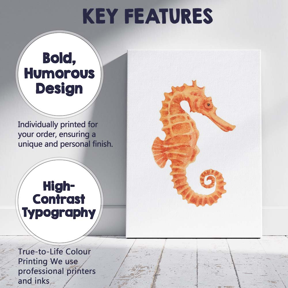 Watercolour Orange Seahorse Coastal Marine Illustration Canvas Wall Art Print Decor Picture Ready to Hang