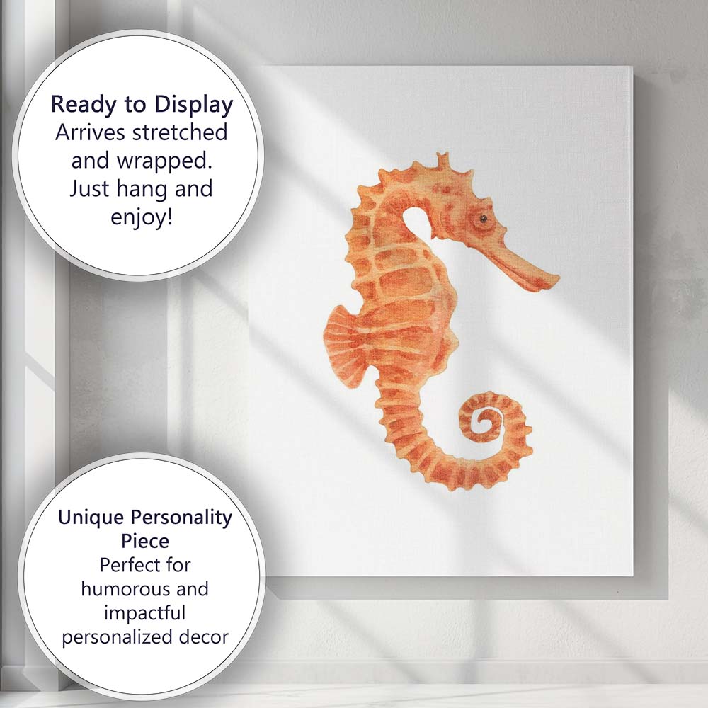 Watercolour Orange Seahorse Coastal Marine Illustration Canvas Wall Art Print Decor Picture Ready to Hang